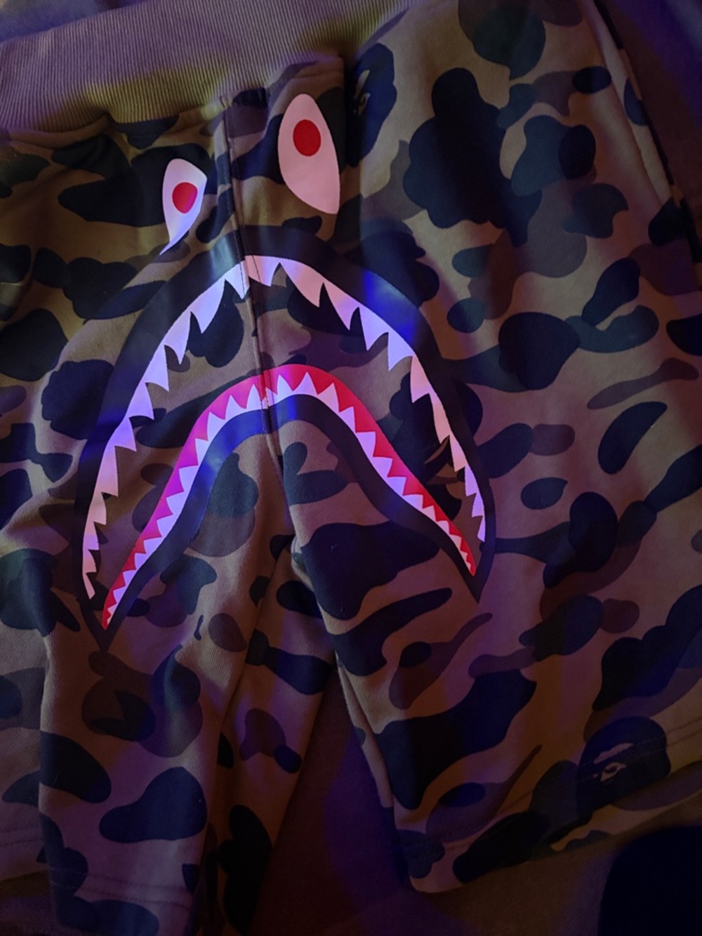 Bape Camo Shark Athletic Shorts in Green and Black with Red Accent